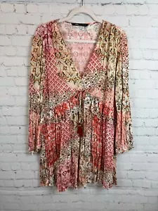 ZARA boho frill tasseled pink beige floral relaxed viscose tunic dress M NWOT - Picture 1 of 9