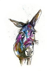Splashy Donkey Watercolor Painting Animal Art Print by Bill Stork - Picture 1 of 2
