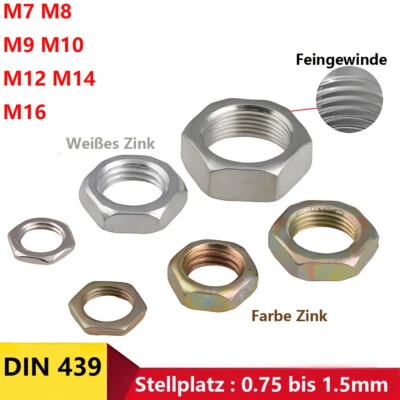 Sechskantmuttern Niedrige Feingewinde Verzinkt Flach DIN 439 Muttern M7 bis M16 - Bild 1 von 4
