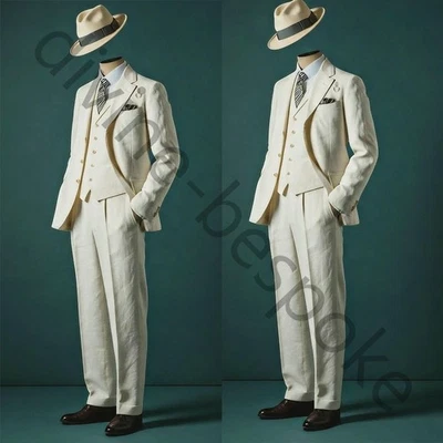 Beige Linen Men's Suits Casual Formal Business Wedding Groom Tuxedos 3 Pieces - Image 1 of 4