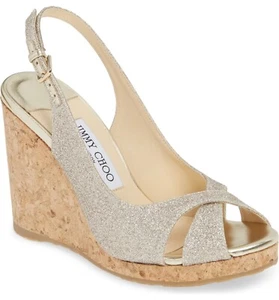 Jimmy Choo AMELY Dorado Brillo Logo Corcho Cuña BODA UE 39.5 8.5 ME ENCANTAN LOS ZAPATOS - Imagen 1 de 9