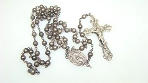 Ornate Catamore Sterling Crucifix on Pull Chain Style Beaded Rosary - Picture 1 of 3