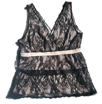 INC Babydoll Top Womens XL Black Floral Lace Semi Sheer V Neck Tiered Tan Velvet - Image 1 of 4
