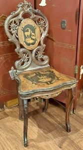 Antiq Vtg Musical German Renaiss Revival Blk Forest Marquetry Scene Chair C 1880 - Picture 1 of 19