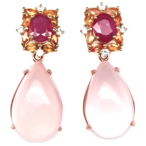 925 Sterling Silver Pink Rose Quartz, Ruby, Sapphire & Zircon Earrings - Picture 1 of 4