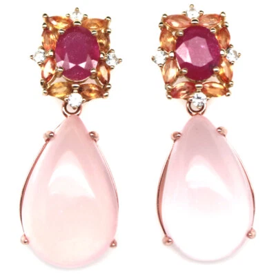 925 Sterlingsilber Ohrringe Mit Rosa Rosenquarz, Rubin, Saphir Und Zirkon - Bild 1 von 4