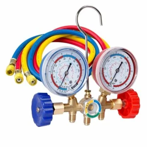4 Way Refrigeration Complete Manifold Gauge Set Professional AC/HVAC Tool 3 Hose - Picture 1 of 15