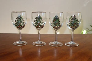 Set Lot of 4 Vintage Spode Christmas Tree Wine Glasses England 7.25" Goblet - Picture 1 of 18