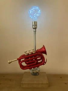 Upcycled Red and Brass Pocket Trumpet Table Lamp Oak Hardwood Firework Bulb New - Picture 1 of 5
