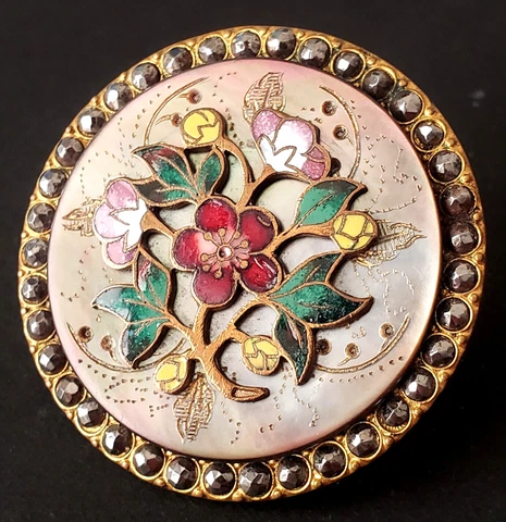 Large Enamel on Iridescent Etched Pearl with Cut Steel Border Antique Button Cover