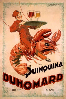 QUINQUINA DUHOMARD APERITF WINE WAITER RIDES LOBSTER FRENCH VINTAGE POSTER REPRO - Image 1 of 3
