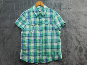 LL Bean Shirt Womens Medium Plaid Linen Short Sleeve Button Up Pockets - Picture 1 of 12