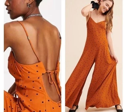 Mono Free People Summer Jamboree Naranja Negro Lunares Pierna Acampanada Talla Pequeña Foto 1 de 4