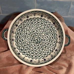 Ceramika Polish Pottery Boleslawiec Pie Plate Dish Flower Green Handles  Great - Picture 1 of 14