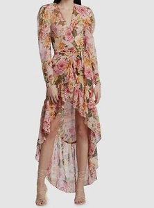 $761 Bronx & Banco Women's Pink Silk Floral Self-Tie Hi-Lo Wrap Dress Size Small - Picture 1 of 4