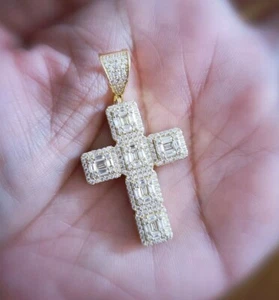 Collar Colgante Cruz de 5 quilates Diamante Simulado Enchapado en Oro 14K Plata Mujer Hombre - Imagen 1 de 12