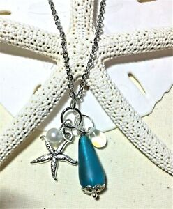 Sea Glass Necklace w/ Teal Blue Teardrop Charm Pendant