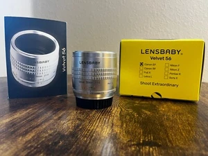 LENSBABY Velvet 56mm f/1.6 Macro Lens SILVER for Canon EF for Full-Frame - Picture 1 of 5
