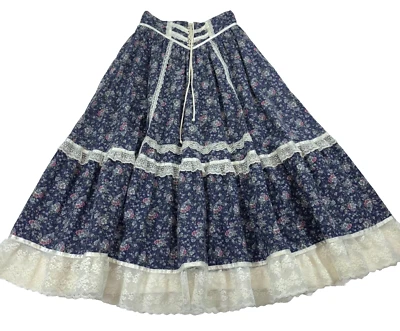 Vintage Gunne Sax Skirt Corset Calico Lace Cottage Core Prairie Pocket Maxi 24in - Image 1 of 4