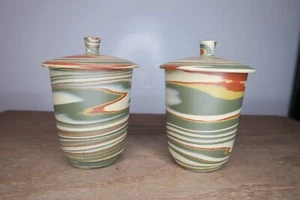 Juego de 2 tazas de té con tapa de cerámica japonesa Tokoname de colección cerámica Yunomi mármol verde/rojo - Imagen 1 de 10