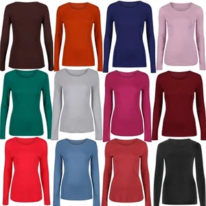 New Long Sleeve Top Womens Pure Cotton Crew Neck T-Shirt Tee - Picture 1 of 56