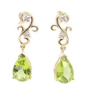 Filigree 3.20 Ctw Pear Peridot & Round Diamond 14KT Gold Dangle Earrings 25.5mm - Picture 1 of 8