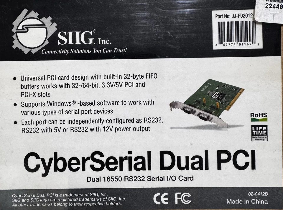 SIIG Dual Profile CyberSerial 2-Port RS-232 PCI Serial Adapter JJ-P02012-S6 NEW - Image 1 of 3