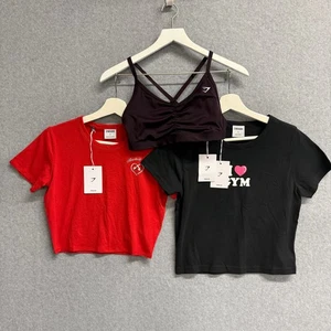 GymShark 3 Piece Bundle Graphic Crop Tops & Ruched Gym Sports Bra Size Small NWT - Picture 1 of 12