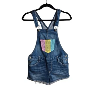 abercrombie kids Girls Denim Overall Shorts Pastel Paint Embellishment Size XL - Picture 1 of 11