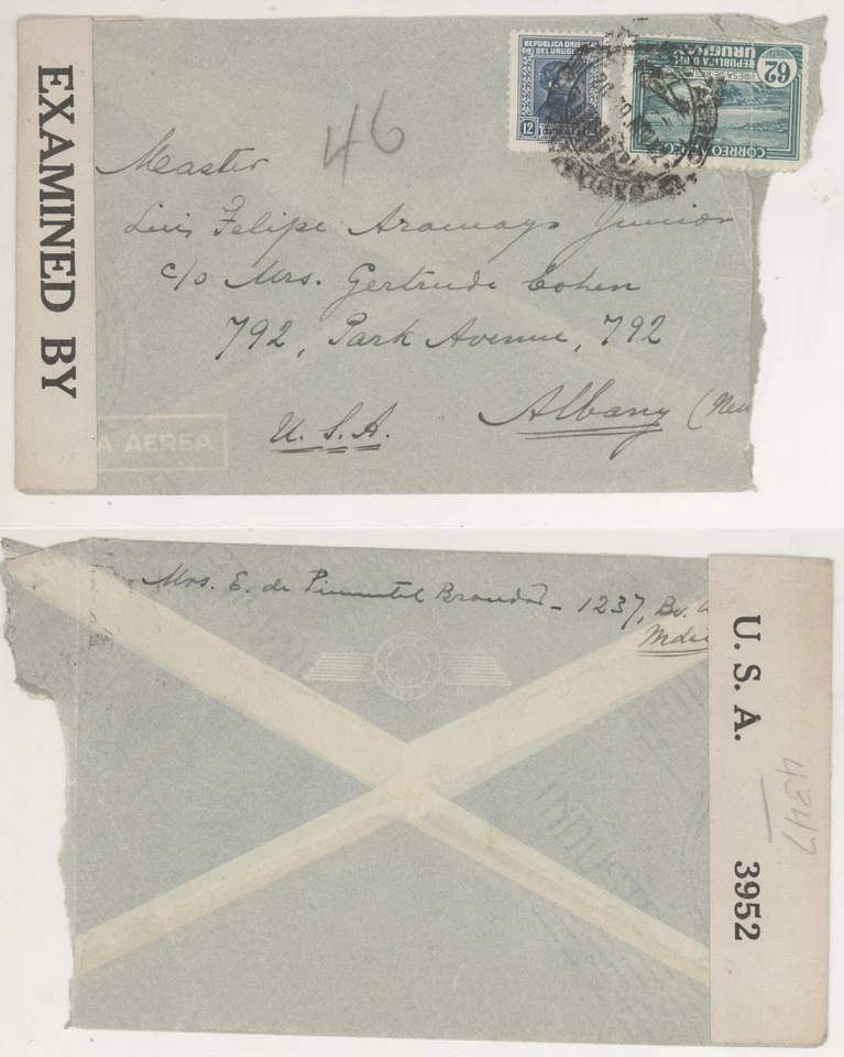1942 WWII Уругвай в Олбани Нью-Йорк проверено цензором обложка! Scott 481 и C85 - Изображение 1 из 1