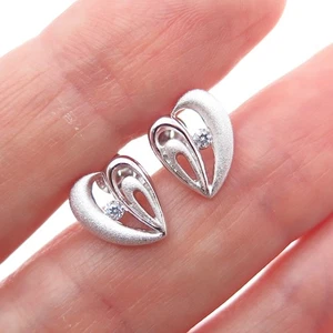 925 Sterling Silver Round-Cut C Z Textured Heart Earrings - Picture 1 of 7