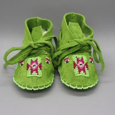 CHEYENNE NATIVE AMERICAN BEADED GREEN LEATHER BABY MOCCASINS by JANET WHITEMAN - Image 1 of 4