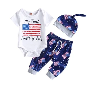 My First Fourth Of July Baby Boy Outfit Short Sleeve Bodysuit Romper Pant Set... - Picture 1 of 9