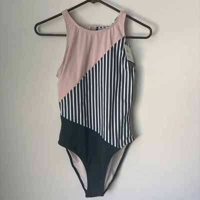 Traje de baño SENITA Athletics verde rosa a rayas acolchado cuello alto de una pieza talla M nuevo con etiquetas Foto 1 de 4
