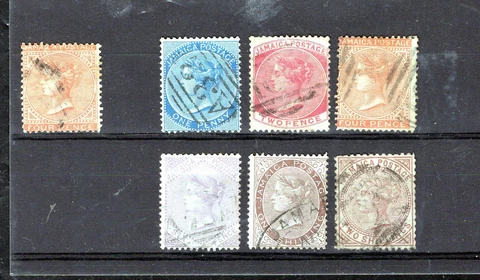 7 Diff Early Jamaica Used Stamps, Scott#'s 4 Thru 14, Issued 1860 To 1875, Sound Cover