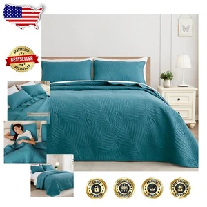 California King Leaf Pattern Quilt Set - Lightweight Teal Bedding for All Sea... - Picture 1 of 8