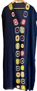 Saks Navy Blue Crochet Maxi Coverup OS Crocheted Granny Squares Front Rainbow - Picture 1 of 14