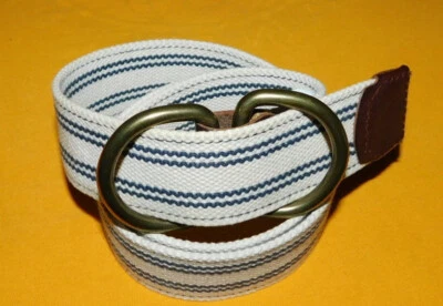 WOMEN'S J. CREW OFF WHITE/BLUE STRIPED COTTON WITH LEATHER TABS BELT SIZE S. - Image 1 of 4