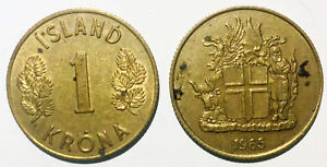 T3 Iceland 1 krona 1957-1975 22mm brass COIN km12a