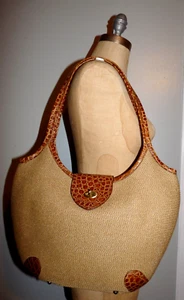 Borsa a mano vintage Eric Javits marrone paglia Squishee Hobo pelle marrone coccodrillo bordo in rilievo - Foto 1 di 23