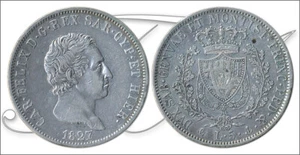Sardinia 5 LIRE 1827 P / 25 Gr. Silver KM00116.2 MBC / VF - Picture 1 of 1