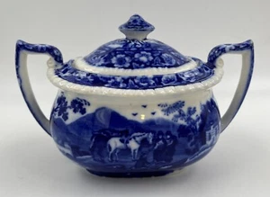Royal Cauldon Nativo Azul Azucarero y Tapa Transferware Festoneado Inglaterra - Imagen 1 de 6