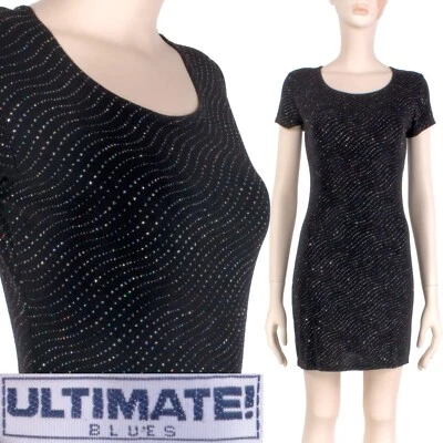 S Vintage 1990s ULTIMATE Blues Black Rainbow Glitter Mini Party Dress 80s 90s - Image 1 of 4
