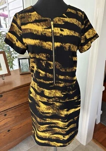 Michael Kors Yellow & Black Abstract Striped Zip Front Dress, Size S, Knit Dress - Picture 1 of 16