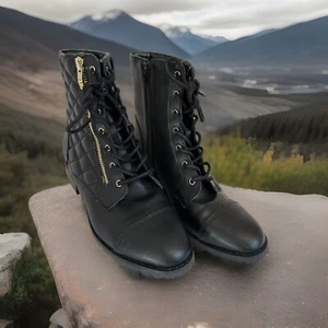 Liz Claiborne Reina Black Combat Biker Moto Quilted Ankle Boots Sz 7 - Picture 1 of 6