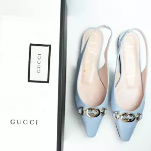 Zapatos de salón planos de cuero con logotipo GUCCI GG talla 37 azul correa trasera en caja - Imagen 1 de 24