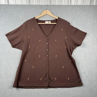 Рубашка чероки женская 1X коричневая на пуговицах спереди вышитая цветочный хлопок большой размер - Изображение 1 из 4