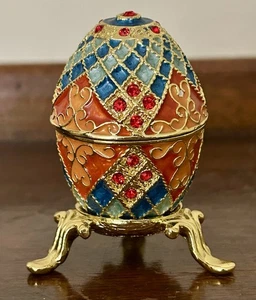 Royal Blue & Gold Enamel Egg Trinket / Jewelry Box with Stand 2.75” tall - Picture 1 of 6
