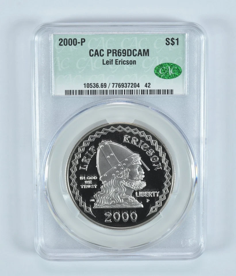 2000-P Leif Ericson Commemorative Silver Dollar PR69 DCAM CAC CACg *9511 - Image 1 of 4