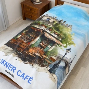 Corne Cafe in Paris France Riverside Art Eiffel Tower Plush Blanket Luxurious - Picture 1 of 13